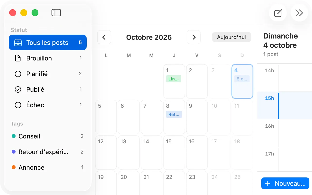 Vue Agenda de LinkedinPostManager : calendrier mensuel avec des publications programmées et chronologie de la journée