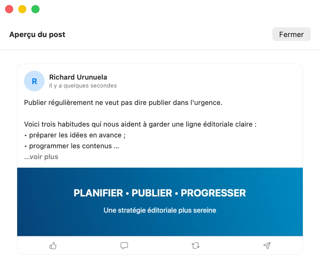Aperçu d’un post LinkedIn avec image, tel qu’il apparaîtra une fois publié