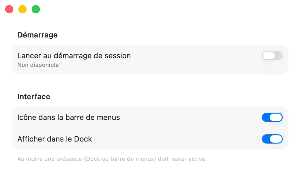 Réglages d’intégration à macOS : lancement à l’ouverture de session, Dock et barre des menus