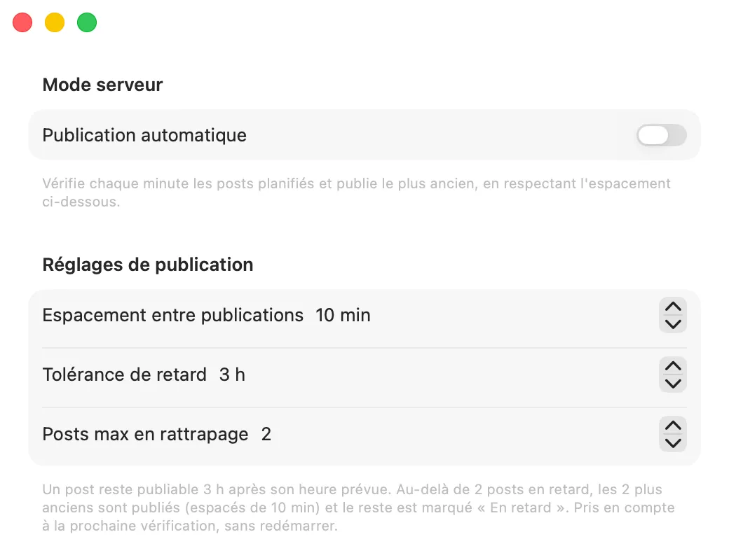 Réglages de la publication automatique : intervalle minimal, tolérance de retard et nombre maximal de rattrapages