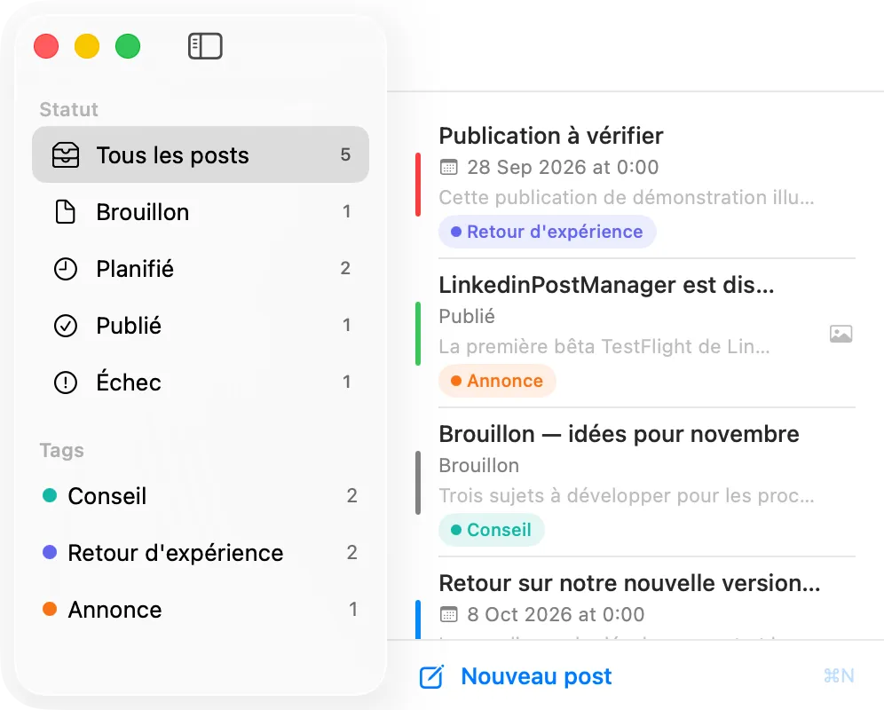 Vue Liste : statuts et tags dans la barre latérale, publications avec leur date, leur statut et leur tag